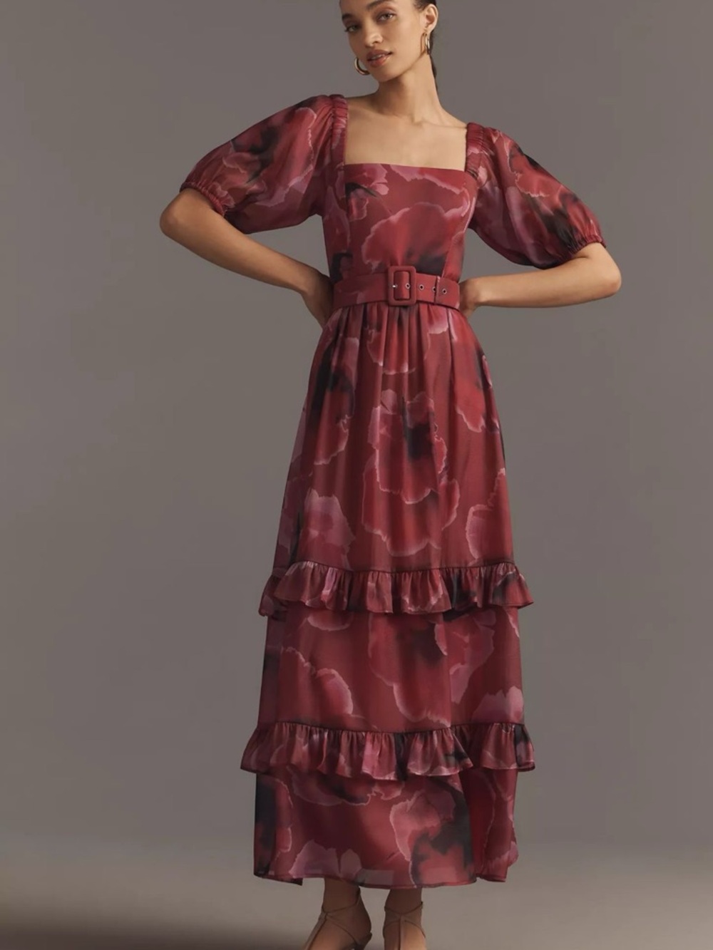 Hutch Puff-Sleeve Square-Neck Belted Tiered Ruffled Maxi Dress